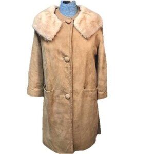 VTG MCM Ivey's Co Full Length Med Tan Woman's Leather Suede Coat Fur Collar MOD